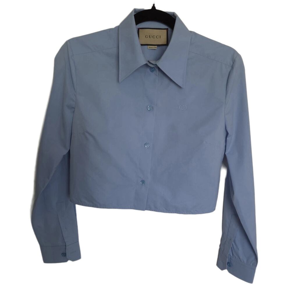 Gucci Powder Blue Cropped Button-Up GG Shirt, Size 40 (Medium)